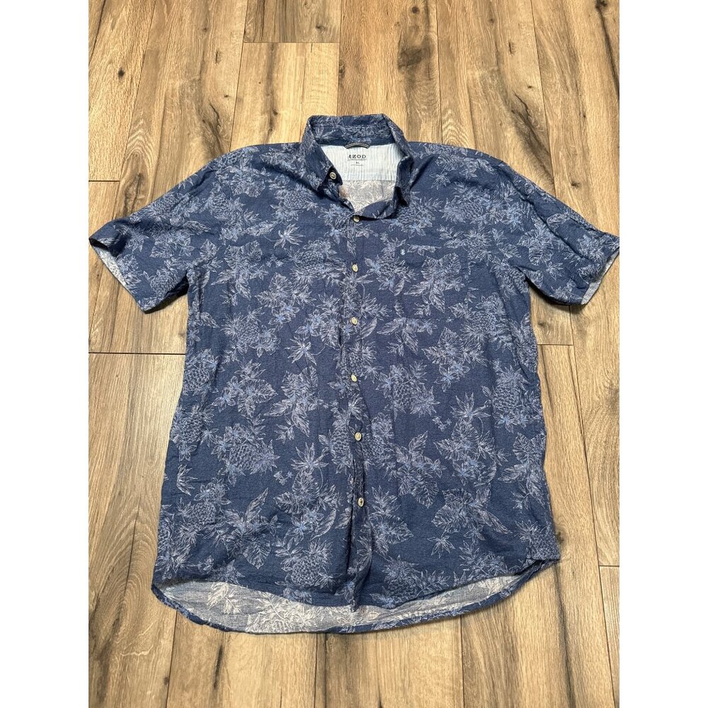 Izod Saltwater XL Mens All Over Pineapple SS Blue Hawaiian Button-Down Shirt 100